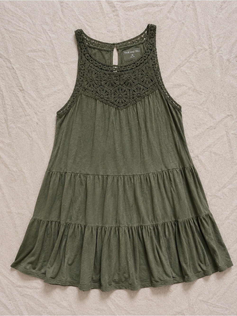 Boho Olive Green Tiered Midi Dress XL Crochet Babydoll Sleeveless - Picture 2 of 6